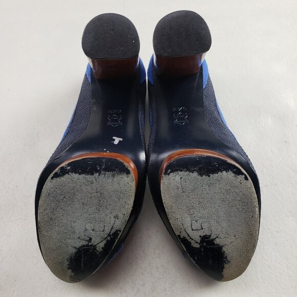 Tory Burch Joelle Wooden Heel Womens 6.5 Blue Fabric Slip On Platform Chunky - Picture 11 of 12